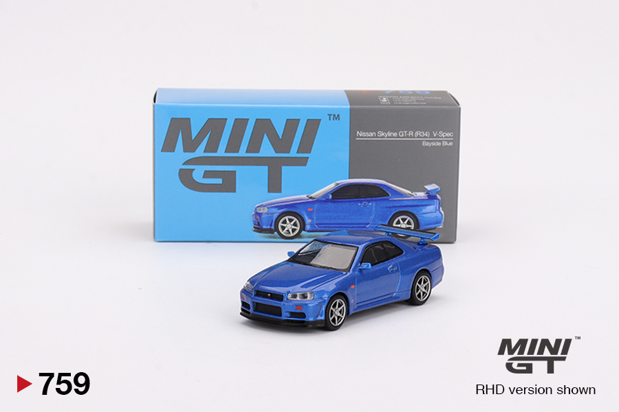 Nissan Skyline GT-R R34V-Spec Bayside Blue Mini GT 1:64